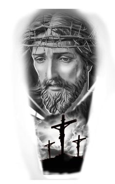 a black and white drawing of jesus on the cross