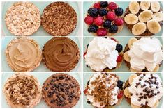 six different types of desserts with bananas, raspberries, and other toppings