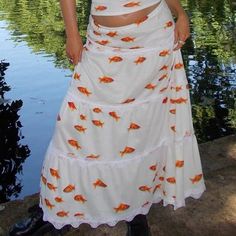 Fish Aesthetic Outfit, Fish Themed Outfit, Snail Clothes, Koi Fish Outfit, Fish Outfit, Orange Skirt Outfit, Fish Skirt, Y2k Prom Dress, Midi Skirt Y2k