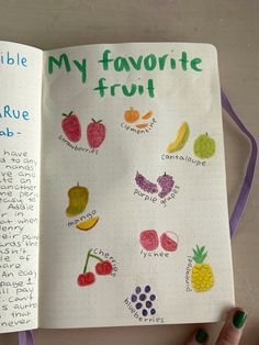 an open notebook with fruits and vegetables drawn on the pages, which are labeled my favorite fruit