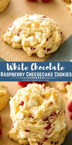 white chocolate raspberry cheesecake cookies are stacked on top of each other and ready to be eaten