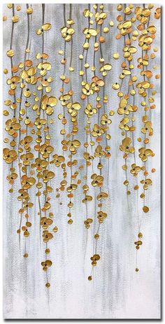 an abstract painting with gold flowers hanging from the ceiling