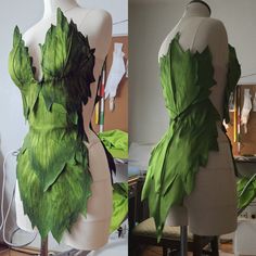 two mannequins with green leaves on them