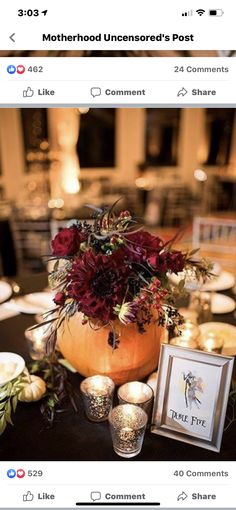 an image of a table with candles and flowers in the center, on instagram