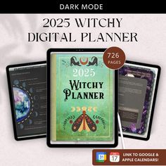 the witch planner is on display in front of a white background with text that reads, dark