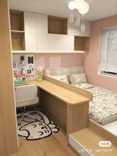 a bedroom with a bed and desk in it