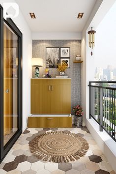 a living room with an area rug on the floor