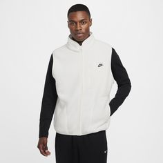 This casual and comfortable Nike Club vest is made from plush fleece material to help keep you warm and comfortable throughout the colder months. Nike 95, Nike Vest, Nike Sportswear Club Fleece, Black Leather Vest, Club Fits, Vests Mens, Mens Black Leather, Outerwear Vest, Vest White