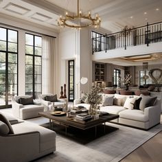 a living room filled with lots of furniture next to tall windows and a stair case