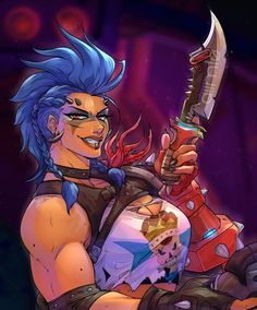 an image of a cartoon character with blue hair holding a knife and looking at the camera