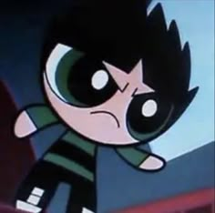 a cartoon character with black hair and green eyes