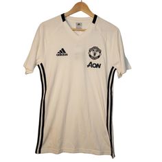 Manchester United Tee Cream And Navy New With Tags Wash Before Wear Small Spot On Front And On Back(See Photos) 60% Cotton 40% Polyester Chest 18 Inches Length 28.5 Inches Compression Shirt, Adidas Shirt, Active Wear Shorts, Red Adidas, Mens Tee Shirts, Athletic Shirts, Vintage Adidas, Blue Adidas, Mens Activewear