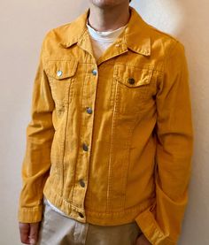 - size M, to fit chest 101 cm (40 in); check photos for size guide - 100% cotton - label: Madcap England - new without tags Fitted Yellow Cotton Outerwear, Vintage Yellow Cotton Outerwear, Madcap England, Cotton Labels, 70s Style, 70s Fashion, Men's Jacket, Size Guide, Mens Jackets