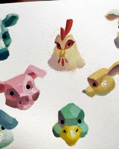 several farm animals painted on white paper