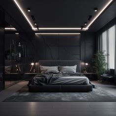 a modern bedroom with black walls and flooring