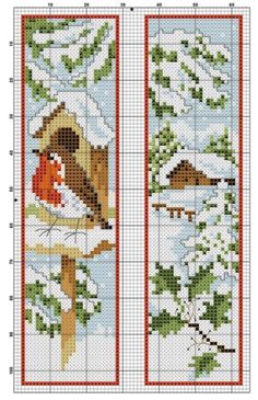 two cross stitch bookmarks with birds in the snow, one has a red bird on it