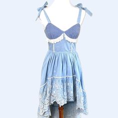 Liz Lisa Blue & White High Low Sleeveless Lace Ruched Floral Embroidered Dress Imported From Japan - Used In Excellent Condition, No Flaws. Kawaii Liz Lisa Dress Gyaru & Himekaji Style Shoujo Dress Size O Aka One Size, Best Fits Xs-S Probably But Check Measurements! Has A Bit Of Stretch In The Back. Cottage Core Coquette Gyaru Hime Tralala Measurements Unstretched: Chest: 15" Waist: 14" Length Front: 32" Length Back: 49" Gyaru Himekaji, Gyaru Hime, Coquette Gyaru, Lisa Dress, Japanese Dress, Liz Lisa, Floral Embroidered Dress, Cottage Core, Embroidered Dress