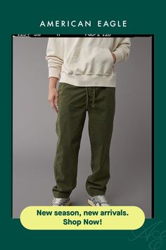 an advertisement for american eagle featuring a man in green pants and white sweatshirt with the words new season, new arrivals shop now