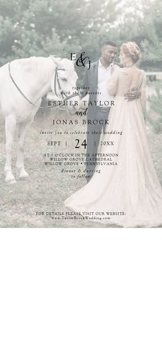 an image of a couple standing next to a horse in front of a wedding card