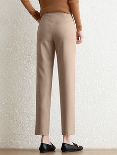 Contrast Pocket Step Hem Tailored Pants for Women Fall Beige Pants With Welt Pockets, Fall Tapered Leg Solid Pants, Beige Tapered Leg Pants For Fall, Solid Tapered Leg Dress Pants For Fall, Solid Fall Dress Pants With Tapered Leg, Ankle-length Work Pants With Welt Pockets For Fall, Fall Solid Color Tapered Leg Dress Pants, Ankle-length Dress Pants With Elastic Waistband For Fall, Beige Straight Dress Pants For Fall