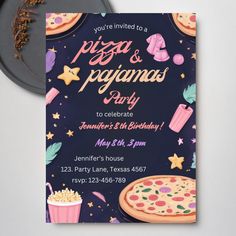 a pizza and popcorn themed birthday party card