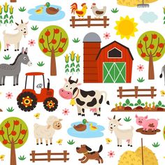 an image of farm animals and farm scenes on a white background with red barn, horse, cow, pig, chicken, tractor