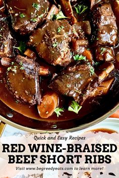 red wine braised beef short ribs in a skillet