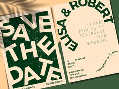 save the date cards with green and white lettering