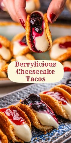 berrylicious cheesecake tacos with blueberry sauce and cream filling on top