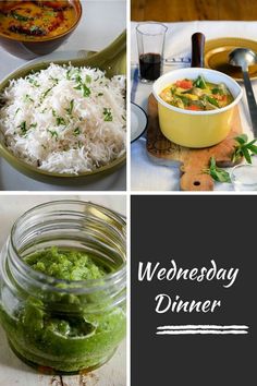 a collage of photos with different food items and words that say, wednesday dinner