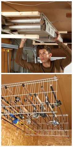 a man is fixing the ceiling in his garage