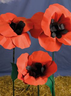 three red paper flowers sitting on top of hay