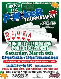 an advertisement for the jack's pub poker tournament with four playing cards on it