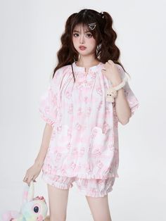 This price is for a top and a pair of shorts set, or a top and a pair of pants set.   	 		 			Size 			S 			M 			L 		 		 			Bust 			116 			120 			124 		 		 			Top Length 			60 			62 			64 		 		 			Sleeve Length 			31 			32 			33 		 		 			Waist 			58 			60 			62 		 		 			Shorts/Pants Length 			33/92 			34/94 			35/96 Kawaii Cotton Sleepwear For Summer, Kawaii Cotton Sleepwear For Spring, Kawaii Sleepwear For Summer Pajama Party, Kawaii Summer Sleepwear For Pajama Party, Cute Summer Pajama Shorts For Sleepovers, Cute Pajama Shorts For Pajama Party, Cute Pajama Party Shorts, Kawaii Summer Sleepwear For Loungewear, Kawaii Summer Pajama Party Sleepwear