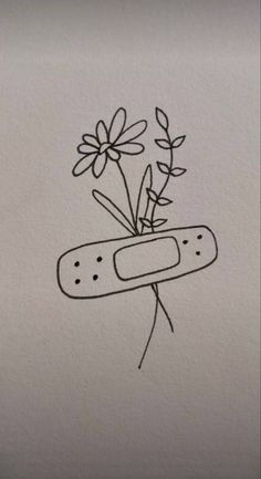 a drawing of a pencil and some flowers on a piece of paper that has been drawn