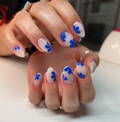 Spring Nail Almond Designs, Royal Blue Flower Nails, Bright Blue Nails With Design, Spanish Tile Nails, Mamma Mia Nails, Royal Blue Nails, Summery Nails, Minimalist Nails