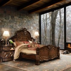 a bedroom with stone walls and wood furniture