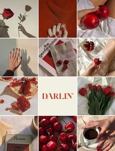 a collage of photos with red flowers and cherries on them, including roses