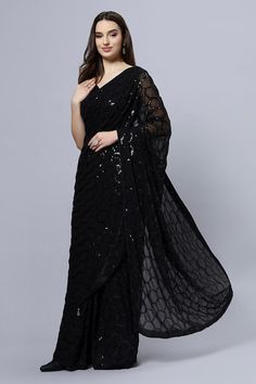 Behold This is too Hot to Handle! Anna Black Faux Georgette Sequins One Minute Saree - Classy & Sassy! A modern Faux Georgette Saree with pallu and front in black sequins in a beehive pattern all over. The saree drapes like a dream! A lightweight and versatile saree! About this Product Saree: Saree Color: Black Saree Fabric: Faux Georgette Type of Work: Black Sequin Drape Style: Choose the drape style while order: Standard Open, Pleated or Gujarati Saree length: 5.5 meters Petticoat: Saree comes Festive Black Pre-draped Saree With Self Design, Black Sequined Pre-draped Saree, Glamorous Black Pre-draped Saree, Elegant Black Pre-draped Saree For Evening, Black Georgette Pre-draped Saree For Reception, Black Pre-draped Saree With Sequins, Elegant Black Saree For Diwali, Black Glamorous Georgette Pre-draped Saree, Black Pre-draped Saree For Evening