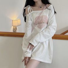 Size: S, Color: White Cute Korean Fashion, Kawaii T Shirt, Lace Up T Shirt, Off Shoulder T Shirt, Japanese Sweet, Streetwear Mode, Crop Top Blouse, Cutout Dress, T Shirt Women