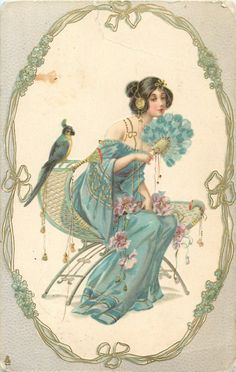 a woman sitting in a chair with a bird on her arm and holding a fan