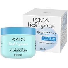 Achieve 24-hour hydration and luminous skin with POND'S Hyaluronic Acid and Vitamin E & B3 Gel Moisturizer.Thishydrating face moisturizeris formulated with fourtypes of Hyaluronic Acid that hold up to 1000 times theirweight in water, penetrate deeper into the skin for additionalhydration, easily absorb for increased moisture retention andcreate a protective barrier to prevent moisture loss. Theaddition of Vitamin E, a potent antioxidant, is known to helpprotect skin from free radical damage, whi Ponds Moisturizer, Ponds Skin Care, Vaseline Rosy Lips, Water Gel Moisturizer, Aloe On Face, Gel Face Moisturizer, Neutrogena Makeup Remover, Neutrogena Makeup, Cold Cream