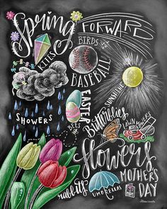 a chalkboard drawing of flowers and the words spring to be written in different languages