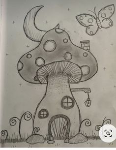 a drawing of a mushroom house with a butterfly flying over it