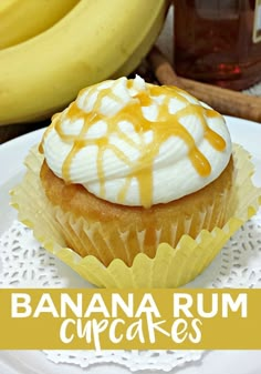 a banana rum cupcake with cinnamon frosting and caramel drizzle