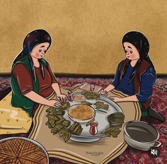 two women sitting at a table with food on it