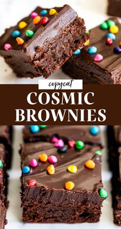 chocolate brownies with m & m candies on top and text overlay that reads copyped cosmic brownies