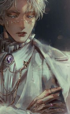 an anime character with white hair and piercings on her face, holding a chain around his neck