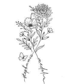 a drawing of flowers and butterflies with the word love written in cursive writing