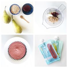 four pictures with different foods in them including fruit, yogurt and granola